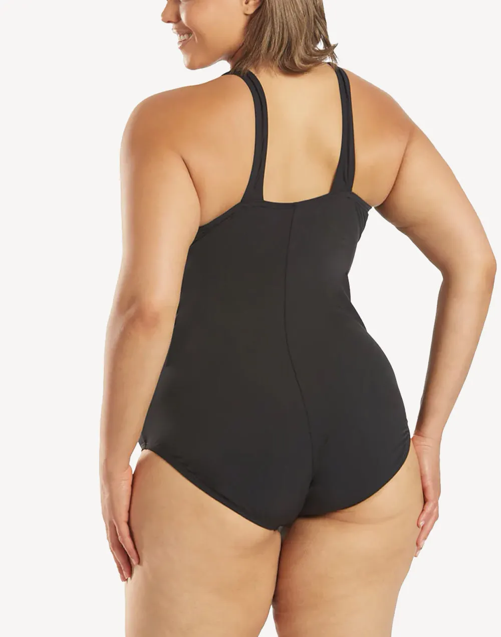 Solid Shirred Plus Size Polyester One Piece Swimsuit