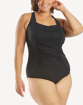 Solid Shirred Plus Size Polyester One Piece Swimsuit