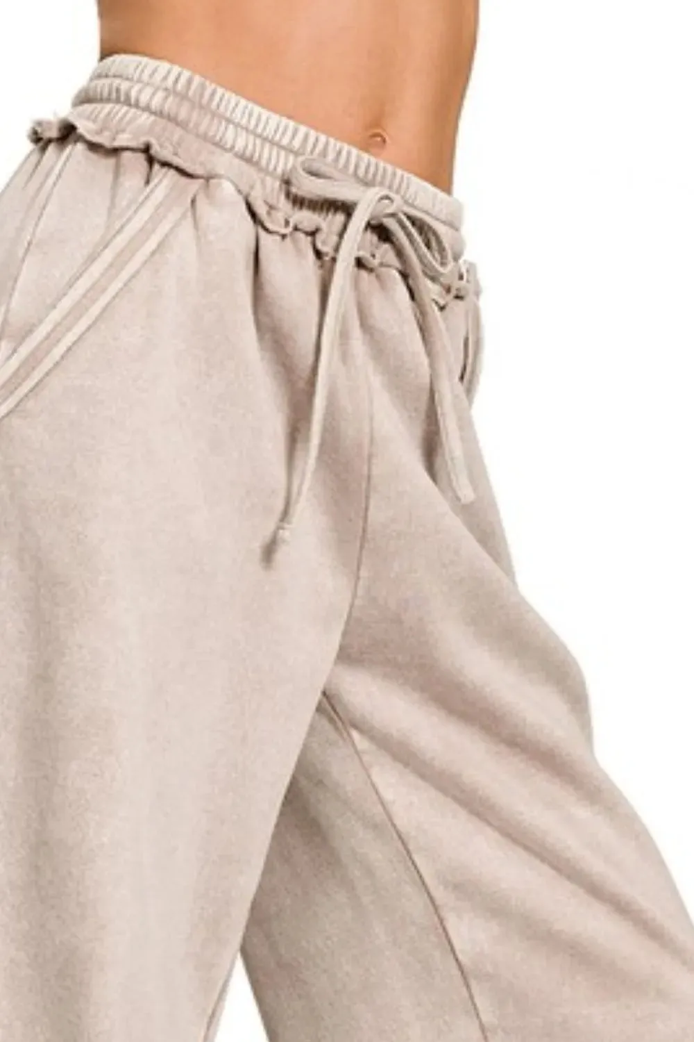 Zenana Acid Wash Fleece Palazzo Pocket Womens Sweatpants